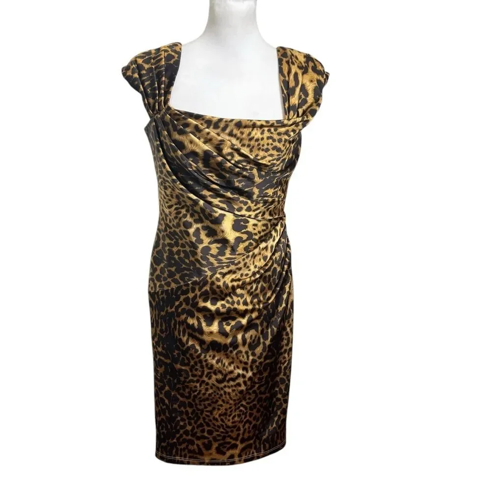 TADASHI Collection Dress Leopard Print Ruched Bodycon Women’s Size 6 Midi